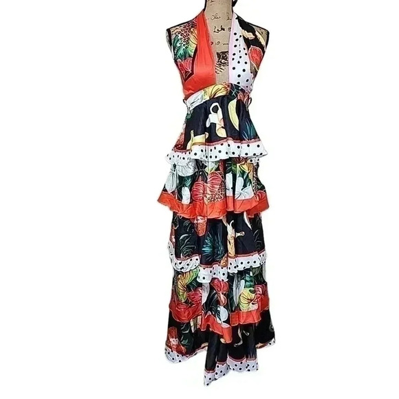 Beautiful Multiprint Fruit and tiger tiered ruffled maxi dress. - Picture 4 of 11